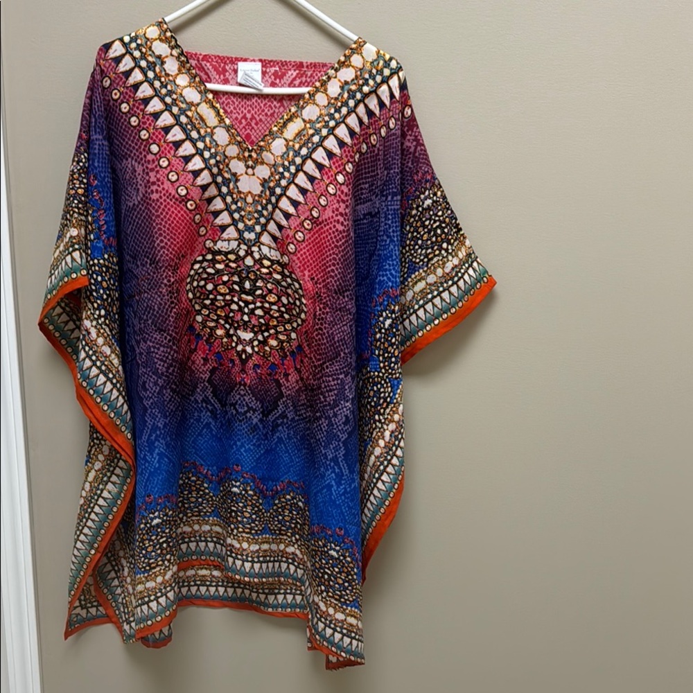 Red and Blue Boxy Graphic Tunic
